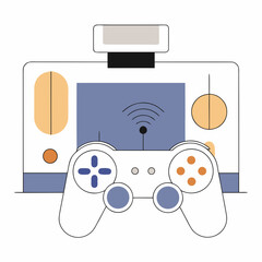 Gamepad controller sits in front of a digital gaming screen console. © sajida