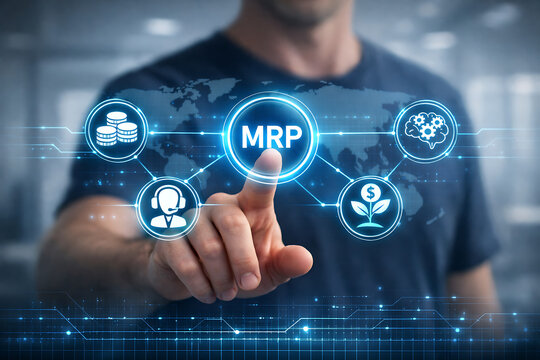 Businessman interacting with material requirements planning mrp digital interface for manufacturing process control and supply chain management manufacturing production