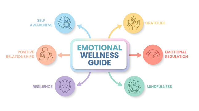 Emotional wellness guide infographic with icons for mental health concepts including self awareness gratitude positive relationships resilience mindfulness, wellness