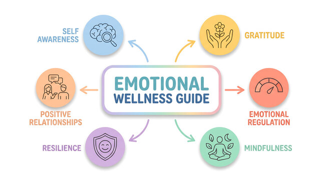 Mind map illustrating emotional wellness guide with six key components: self awareness, gratitude, emotional regulation, mindfulness, resilience, and positive relationships.