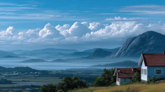 Summer island mountain landscape blue sea cloud sky green field rural house peaceful scenic nature outdoor travel