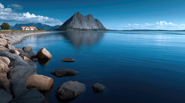 Blue lake mountain summer island landscape calm reflection sky rock house