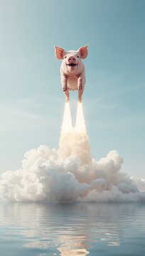 Surreal live pink pig launching into the sky like a rocket with jets of smoke above calm water, dreamlike concept of freedom, ambition, dreams and reaching new heights, playful conceptual fantasy art