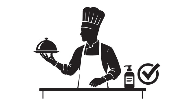 Professional black and white silhouette vector illustration of a chef serving food in kitchen