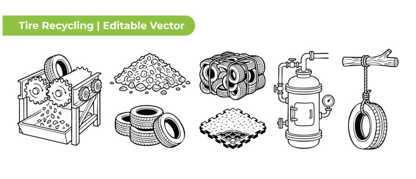 Tire recycling vector icon set showing rubber shredder, crumb pile, pyrolysis machine, upcycled tire swing, and compressed bale icons in black and white line art style for waste management concepts.