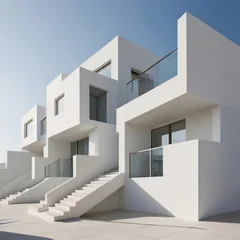 Modern minimalist white townhouses architecture with blue sky background © eugenepartyzan