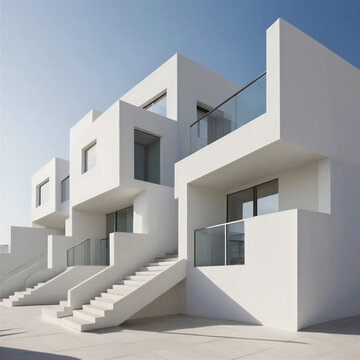 Modern minimalist white townhouses architecture with blue sky background