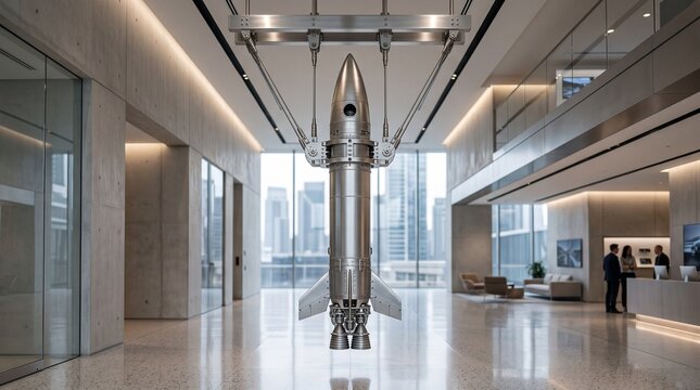 A sleek silver rocket sculpture stands tall in a modern office lobby with glass walls and a polished floor.
