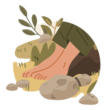 Grounding technique barefoot on earth nature calming scene with foot touching grass rocks plants earthy tones wellness concept template