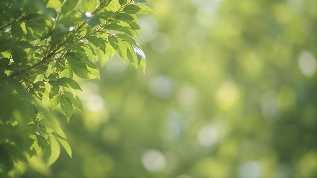 Soft abstract green leaves background with natural bokeh and gentle sunlight, ideal for wellness, eco lifestyle and clean copy space visuals

