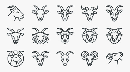 Fototapeta premium Minimalist Black and White Line Drawing Collection of Goat and Ram Heads in Various Styles and Expressions