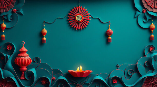 Happy Dussehra Greeting Card with Traditional Diya, Decorative Lanterns and Festival Ornament