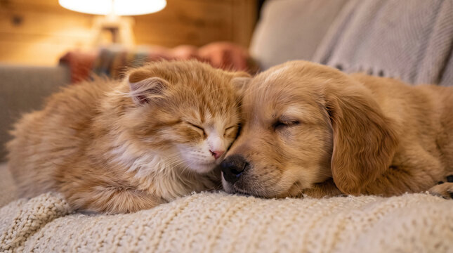 Kitten and puppy sleeping side by side on a cozy knit blanket