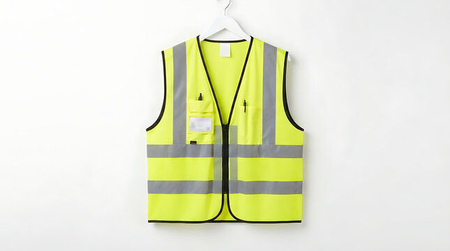High visibility safety vest with reflective stripes. Neon yellow workwear for construction and roadside protection