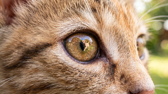 Close up of a kitten and puppy reflection in a bright eye