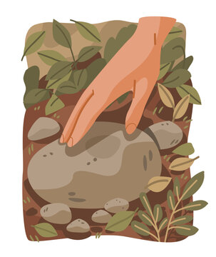 Grounding technique hand touching rock nature mindfulness calming scene earthy tones foliage soil website banner