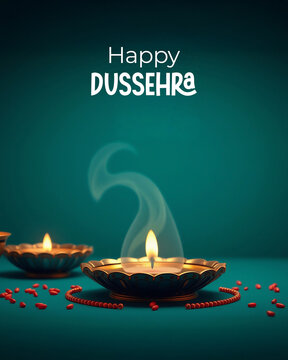 Happy Dussehra Greeting Card with Traditional Diya, Decorative Lanterns and Festival Ornament