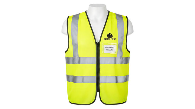 High visibility safety vest with reflective stripes. Protective neon yellow workwear for construction and roadside workers