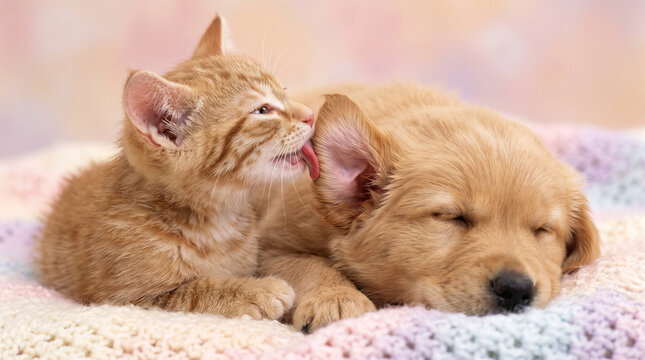 Kitten and puppy cuddling on a soft knitted blanket at home