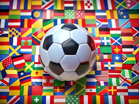 Classic Black and White Soccer Ball Resting on a Background of Many Colorful World Flags