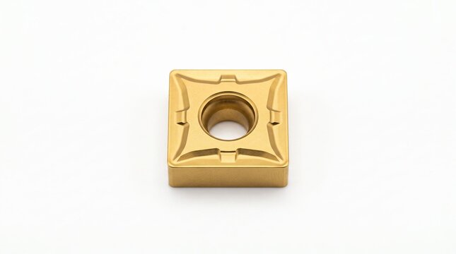 Square gold PVD coated carbide CNC cutting insert isolated on white background for precision machining