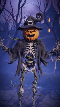Funny 3D animation of Halloween pumpkin head skeleton talking, scaring and laughing in spooky night cemetery. Humorous talking jack o lantern character gesturing in scary foggy graveyard.