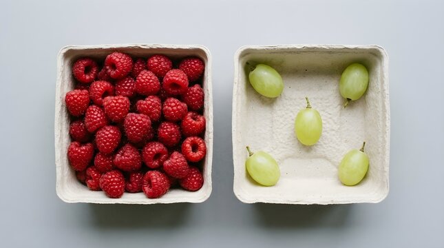 Fresh raspberries and green grapes in sustainable pulp punnets, illustrating portion sizes
