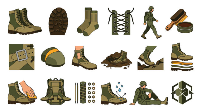Military Boots and Gear Flat Vector Icons Set - Army Equipment Elements
