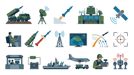 Obraz premium Military Technology Icons: Missiles, Radar, Satellite, Command Center, Ship, Plane