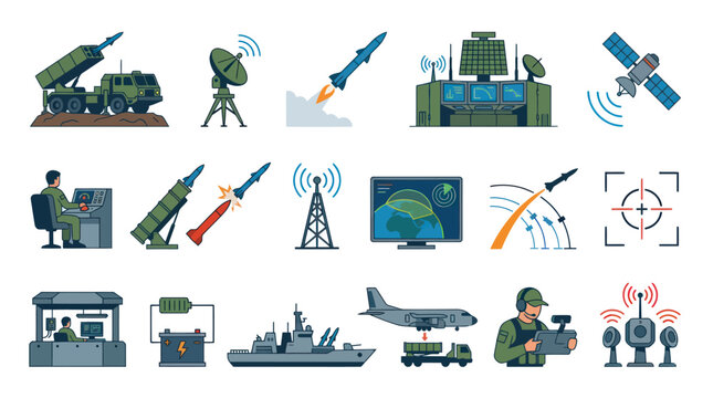 Military Technology Icons: Missiles, Radar, Satellite, Command Center, Ship, Plane