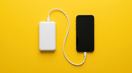 Obraz premium Modern smartphone connected to portable power bank with white cable on bright vibrant yellow studio surface for fast charging mobile device battery technology hardware.