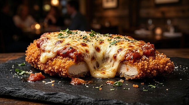 Delicious breaded chicken parmigiana sliced open showing juicy white meat inside under thick crust of melted mozzarella cheese and tomato sauce on slate backdrop.