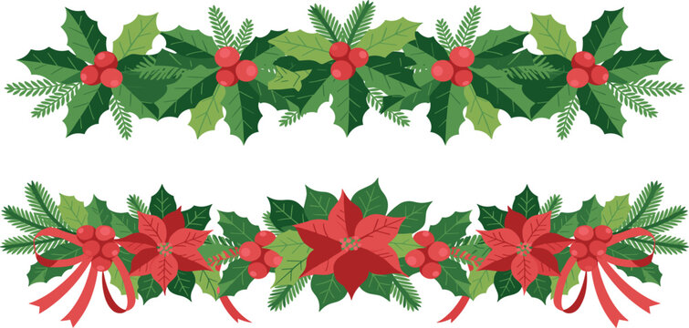 Christmas garland vector borders with poinsettia flowers, holly leaves, and red ribbons for winter designs