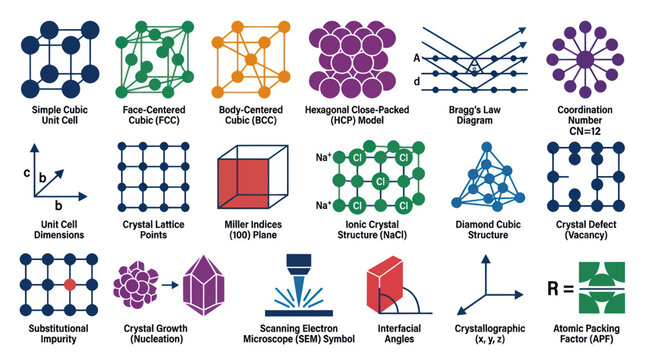 Materials Science Crystallography Infographic with Crystal Structures, Defects, and Solid-State Physics Concepts.
