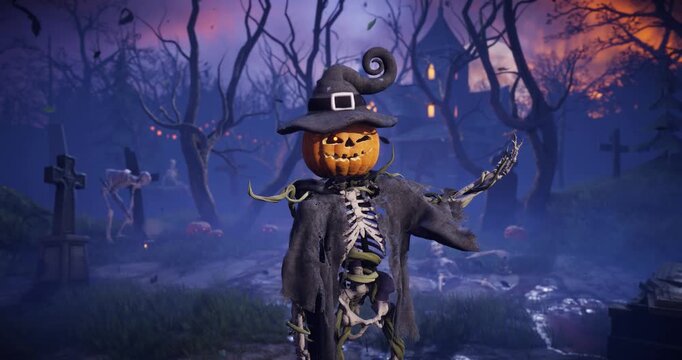 Funny 3D animation of Halloween pumpkin head skeleton talking, scaring and laughing in spooky night cemetery. Humorous talking jack o lantern character gesturing in scary foggy graveyard.