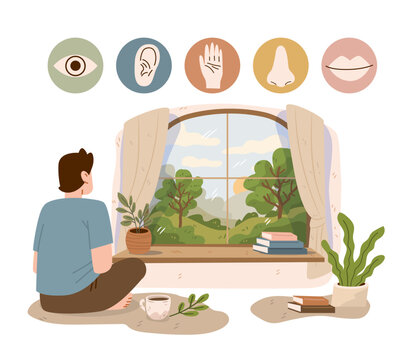5 senses grounding technique mindfulness relaxation nature scene person sitting by window plants books cozy interior calming colors self care