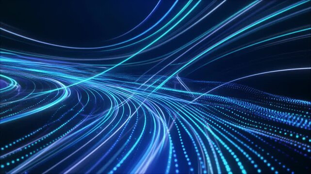 Abstract digital broadcast background with sophisticated glowing blue light trails and thousands of flowing particles for technology concepts