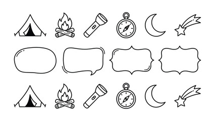 Camping Icons and Speech Bubbles: A collection of hand-drawn icons representing camping essentials like a tent, campfire, flashlight, compass, crescent moon, and shooting star. © Shafiq