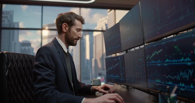 Portrait of Male Stockbroker Thinking, Analyzes Financial Market Data on Multiple Monitors in City Office, Trading Stocks and Reviewing Investment Charts With Portrait of Concentration