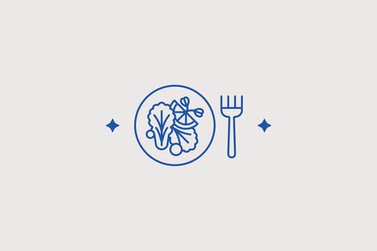 Salad plate with fork line icon for vegetarian cafe. Vector illustration for healthy lunch, diet program, culinary services, restaurant.