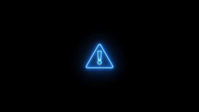 Blue neon warning triangle with exclamation mark glowing brightly against a dark background. Symbol represents alert danger caution hazard risk important urgent emergency notice.