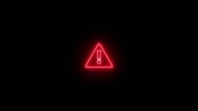 Red neon warning triangle with exclamation mark glowing brightly against a dark background. Symbol represents alert danger caution hazard risk important urgent emergency notice.