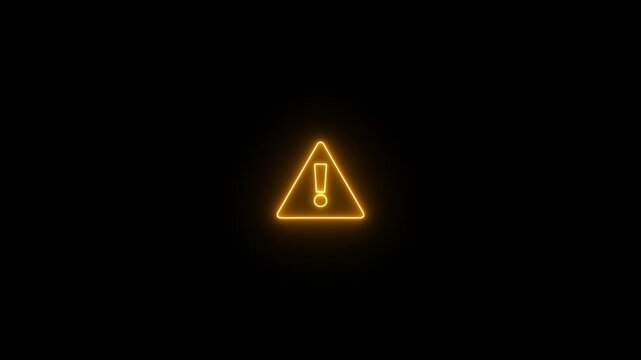Yellow neon warning triangle with exclamation mark glowing brightly against a dark background. Symbol represents alert danger caution hazard risk important urgent emergency notice.