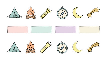 Camping Icons Set: A whimsical collection of hand-drawn camping icons, including a tent, campfire, flashlight, compass, crescent moon, and shooting star. © Shafiq