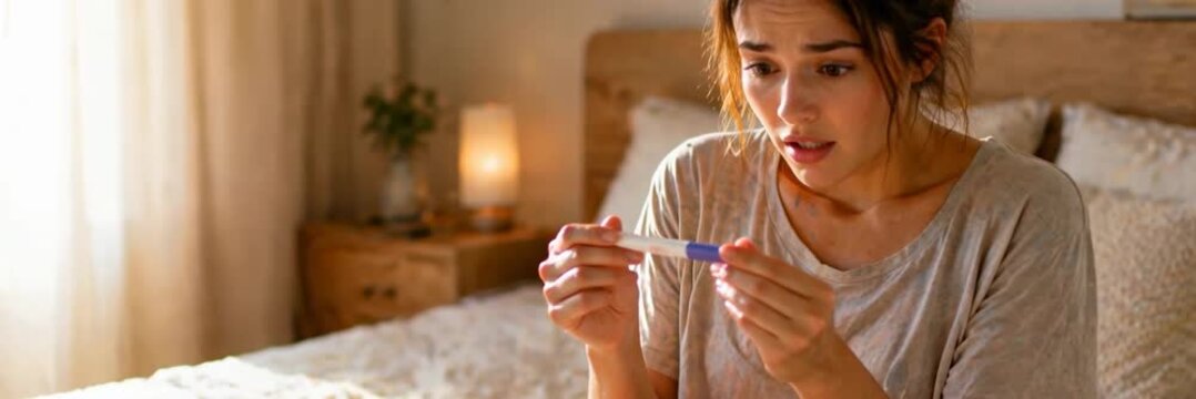 Surprised young woman looking at a pregnancy test at home, life-changing news and family planning website banner with copy space for text