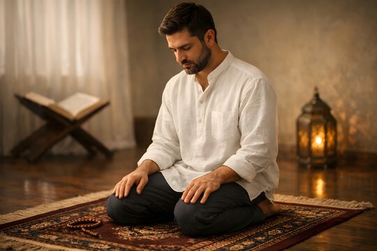 Man Pray on Rug with Tasbih in Serene Home Setting, Focus on Spirituality and Reflection