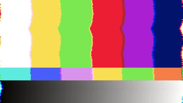Vibrant multicolored vertical bars and a precise grayscale gradient fill the screen, indicating a broadcast signal absence or technical television test pattern display for calibration purposes