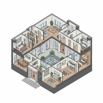 Modern Isometric House Floor Plan with Furniture Layout.