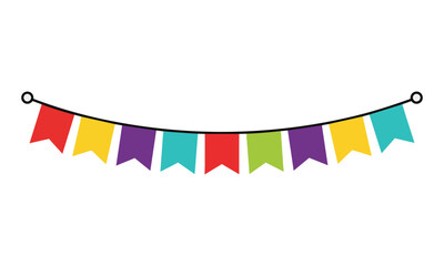 Obraz premium String of colorful rectangular bunting flags isolated on a white background. Festive celebration concept
