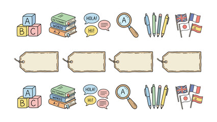 Learning Essentials: A charming collection of illustrations depicting ABC blocks, books, speech bubbles with hola and ciao, a magnifying glass, pens, and national flags. © Shafiq